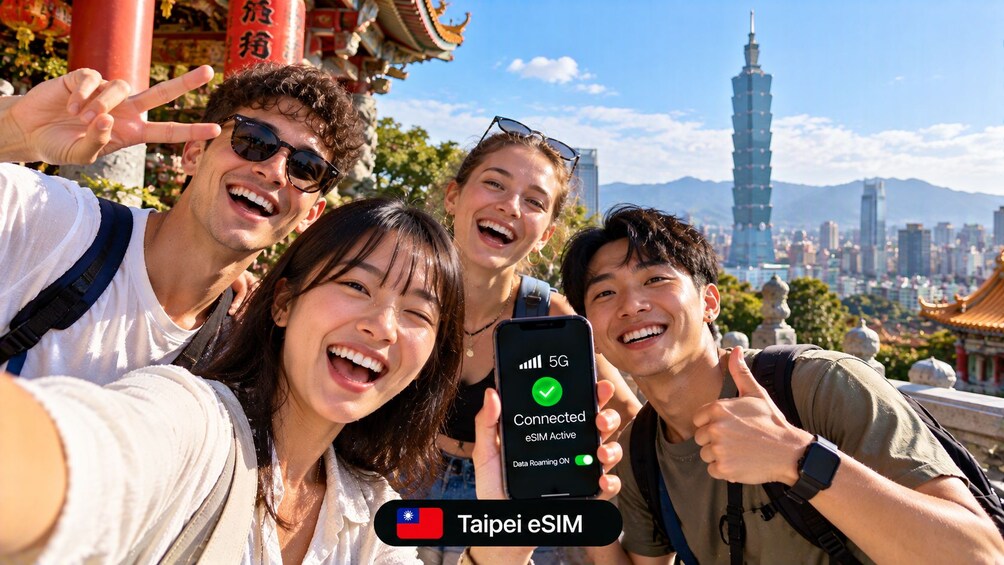 Eine Gruppe von Personen macht ein Selfie mit einem Smartphone, das eine 5G-Verbindung und eSIM-Aktivierung anzeigt. 1