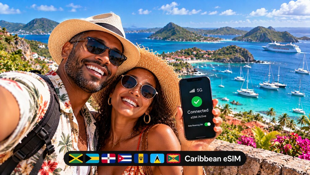 A couple taking a selfie with a smartphone displaying a 5G connection. 1