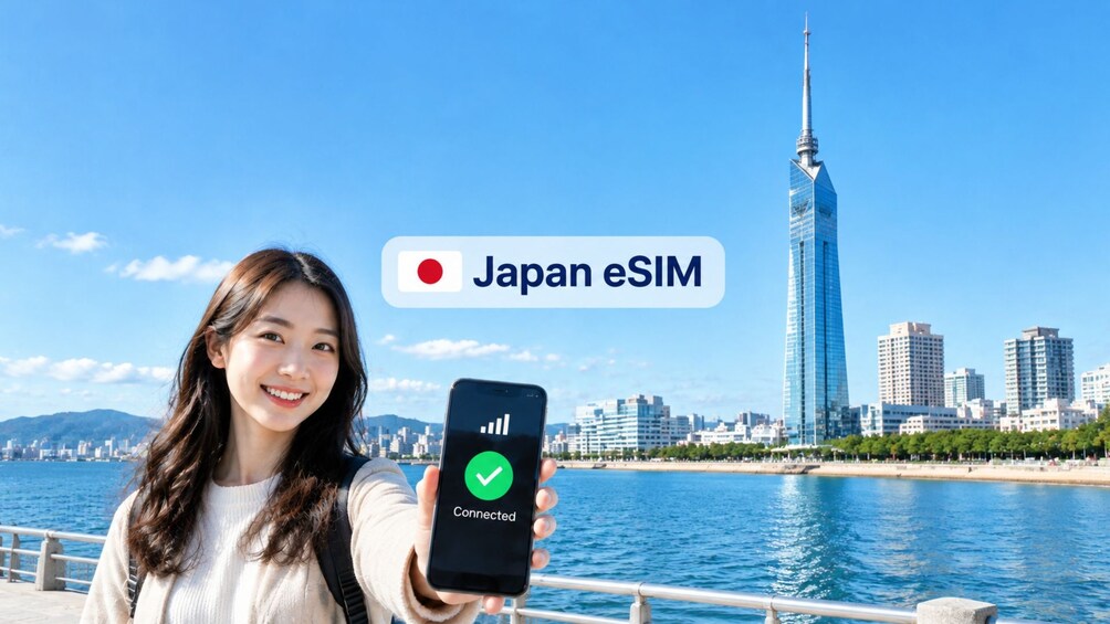 A person holding a smartphone with a connected eSIM icon, standing by a waterfront with a cityscape and a tall skyscraper in the background. 1
