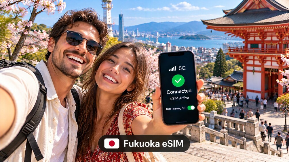 A couple taking a selfie with a smartphone displaying a 5G connection. 2