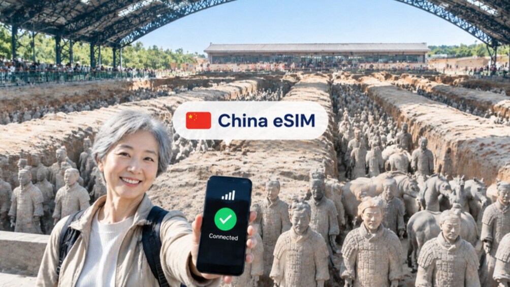 A person holding a smartphone with a green checkmark, standing in front of a large crowd of terracotta soldiers. 1