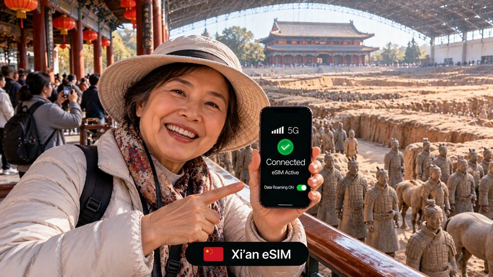 A person holding a smartphone with a 5G connection indicator, pointing at a traditional Chinese building in the background. 2