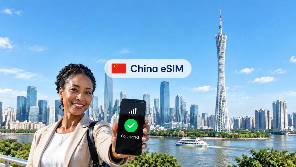 A person holding a smartphone with a green checkmark and the text 'Connected' against a cityscape with a prominent tower in the background. 1
