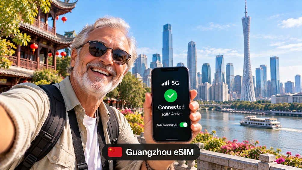 A person holding a smartphone displaying a 5G connection status with a cityscape in the background. 2