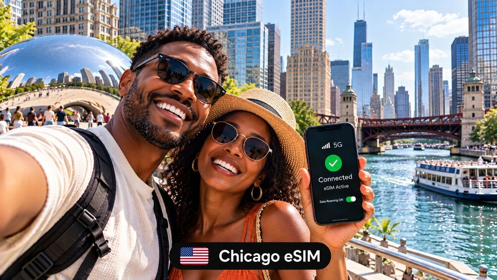 A person holding a smartphone displaying a 5G connection and eSIM status in Chicago. 1