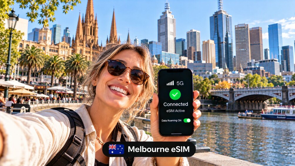 A person holding a smartphone displaying a 5G connection status in Melbourne. 2
