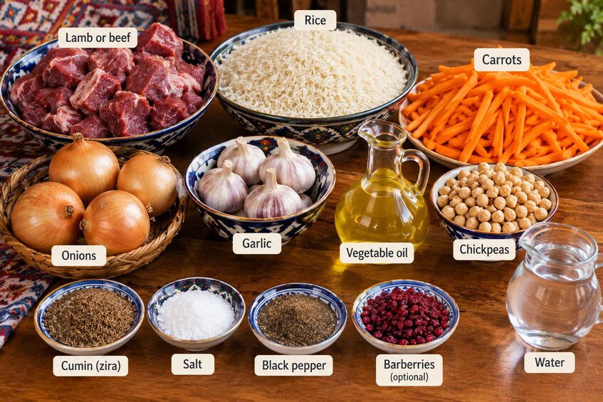 A table with various ingredients for cooking, including lamb or beef, rice, carrots, onions, garlic, vegetable oil, chickpeas, cumin, salt, black pepper, barberries, and water. 3