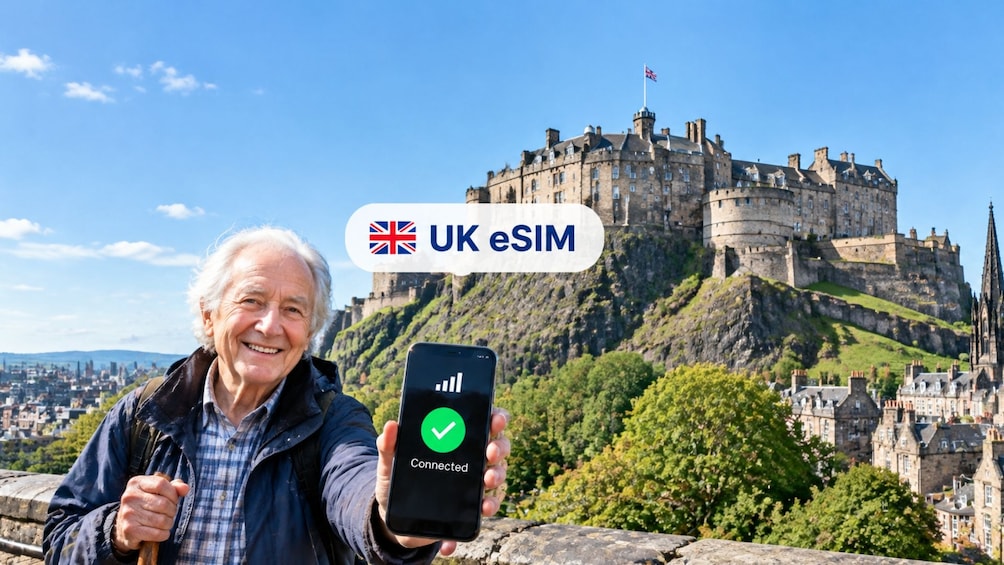 A person holding a smartphone with a 'Connected' status, standing in front of a historic castle. 1