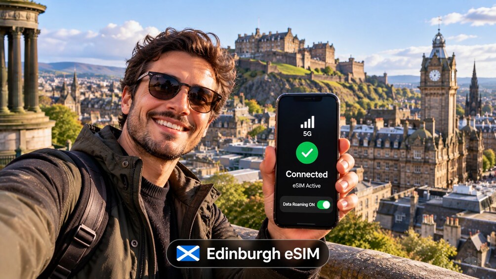 A person holding a smartphone displaying a 5G connection and eSIM status in Edinburgh. 5