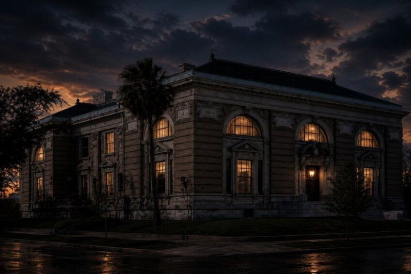 A historic building with arched windows and a well-lit entrance at dusk. 3