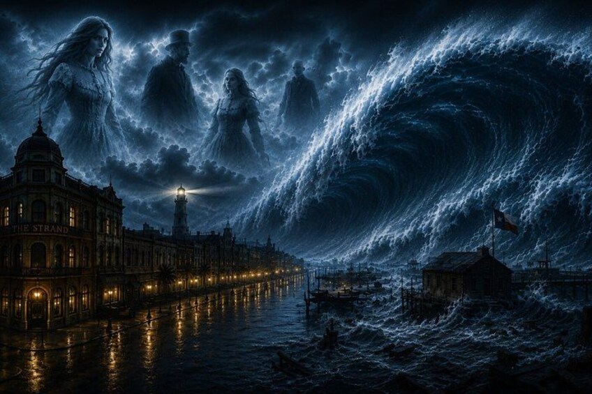 A stormy waterfront with a large wave, a building labeled 'TRAND,' and a flag. 1