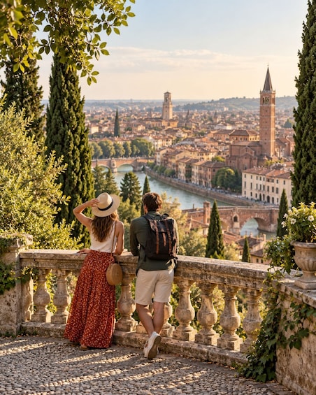 Two people overlooking a cityscape with a river and historic buildings. 4