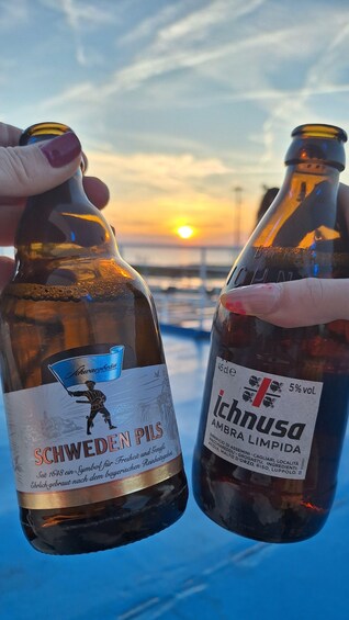 Two bottles of beer with labels, held by hands against a sunset background. 3
