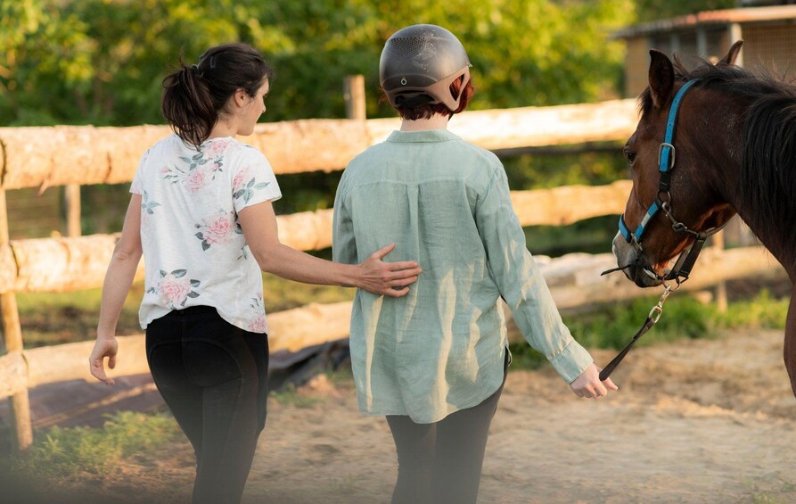 Two people walking a horse in an outdoor setting with a wooden fence and greenery in the background. 1