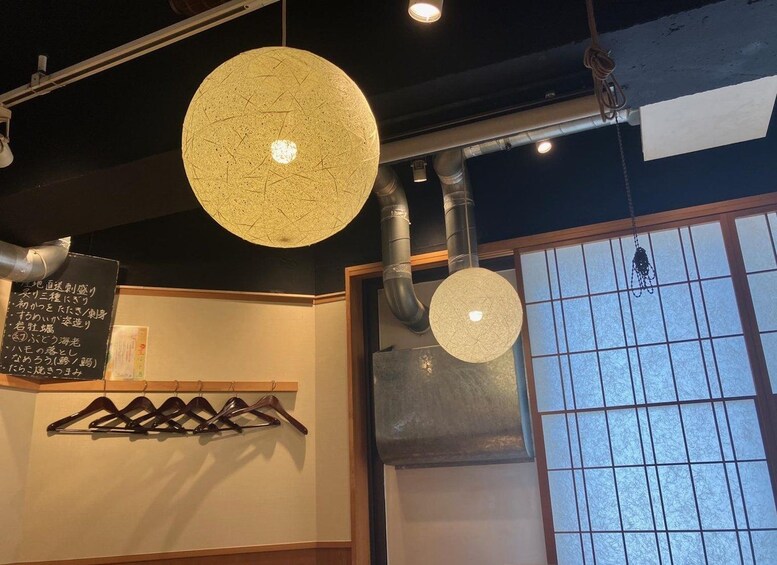 A room with hanging lights, a chalkboard with text, and a window with a grid pattern. 5
