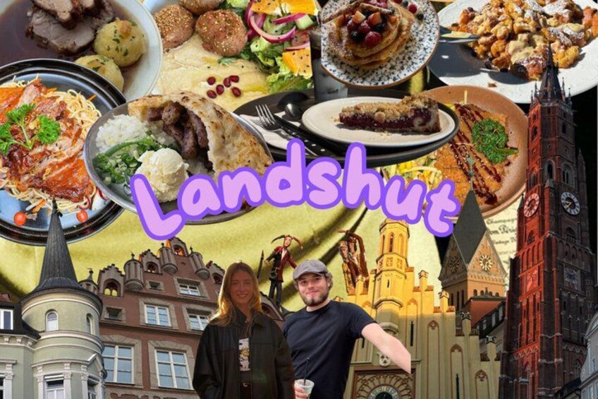 A collage of food dishes, a clock tower, and a building with a pointed roof. 1