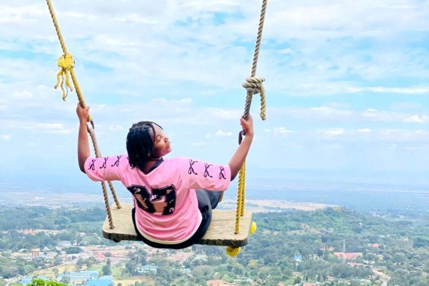A person on a swing overlooking a landscape. 3