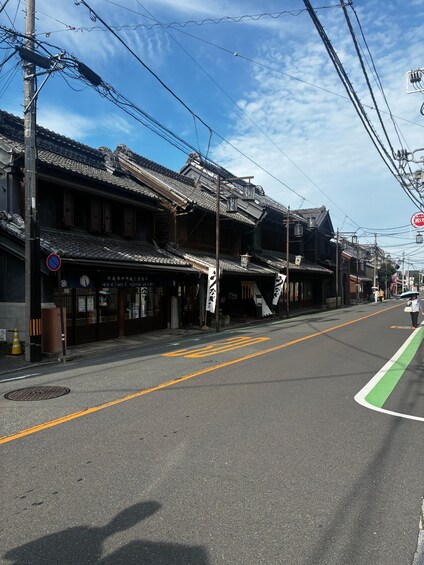 A street with traditional Japanese architecture, a no parking sign, and a pedestrian crossing. 3