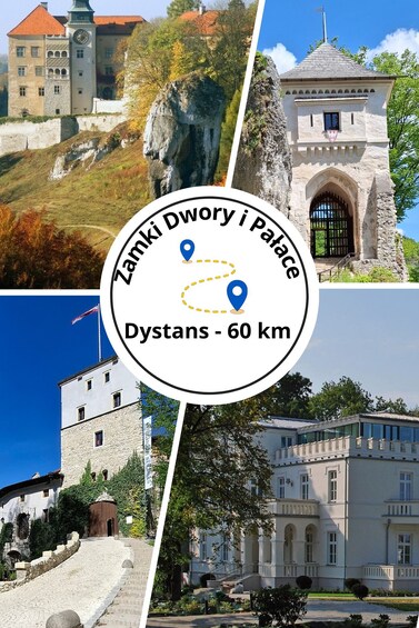 A castle with a clock tower, a stone building with a flag, and a large white building with columns. 1