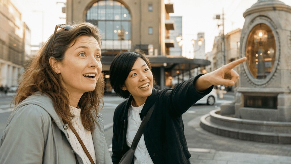 Two people pointing at a historical monument in an urban setting. 3