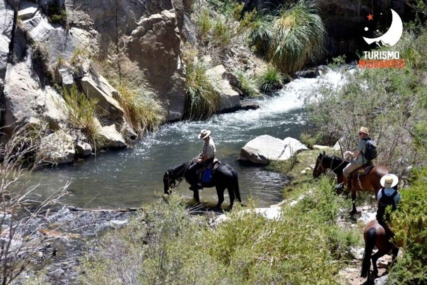 A river with horses and riders in a rocky, grassy area. 1