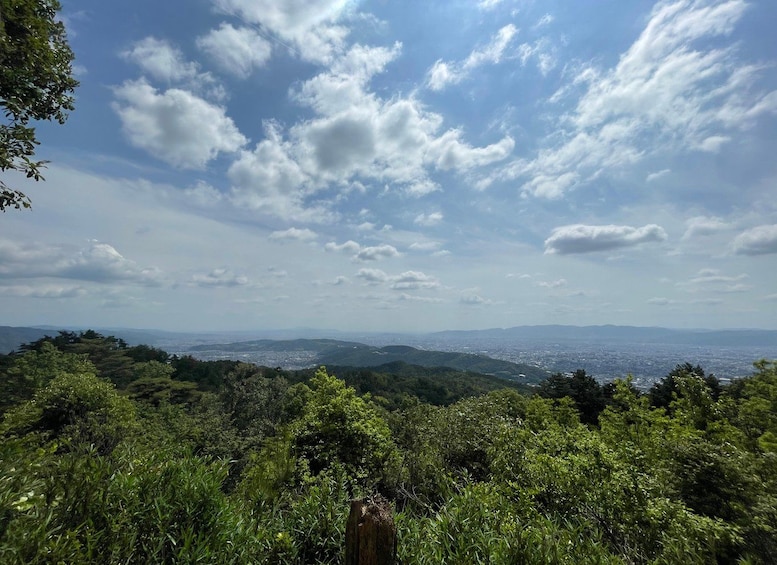 A mountainous landscape with dense green vegetation and a clear sky with scattered clouds. 5