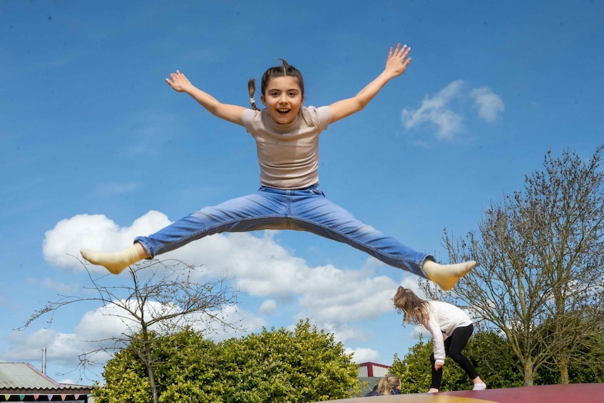 A person jumping in mid-air with a clear blue sky and trees in the background. 3