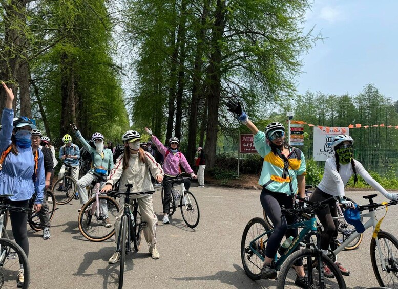 En gruppe cyklister i et skovområde med træer og et skilt i baggrunden. 3
