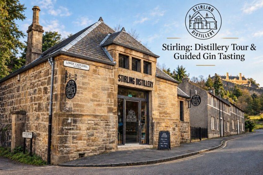 A stone building labeled 'Stirling Distillery' with a sign for 'Lower Castlehill.' 2