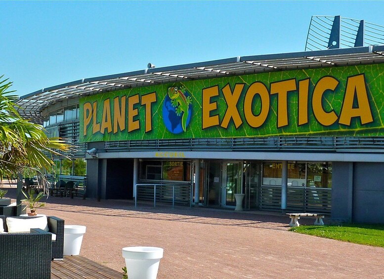 En byggnad som tillhör kedjan Planet Exotica, med en grön och gul skylt, uteservering och en klar himmel. 5
