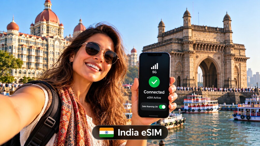 A person holding a smartphone displaying a 5G connection with eSIM active, in front of the Gateway of India in Mumbai. 1