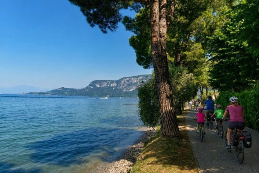 A lake with cyclists on a path, trees, and distant mountains. 3