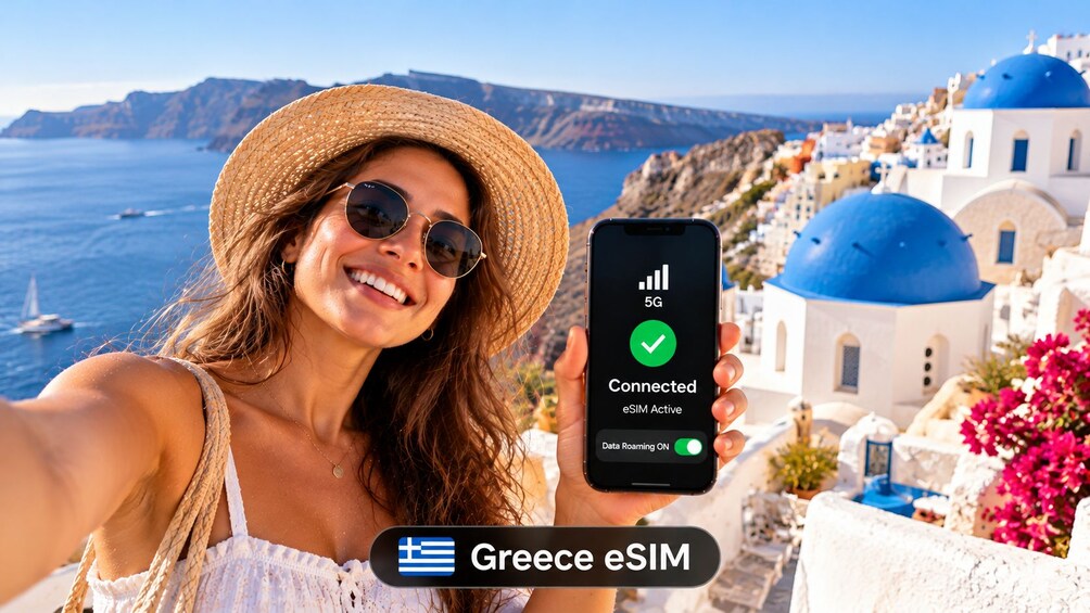 En person håller i en smartphone som visar en 5G-anslutning och att ett eSIM är anslutet. 1