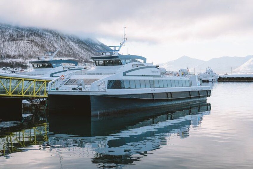 A large white boat docked at a pier with mountains in the background. 1
