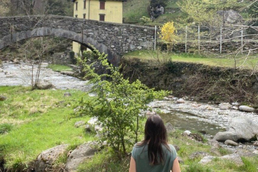 A stone bridge over a river, a small tree, and a building in the background. 3
