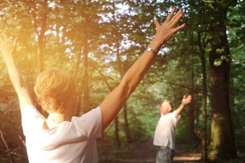 Two people in a forest with sunlight filtering through the trees. 5