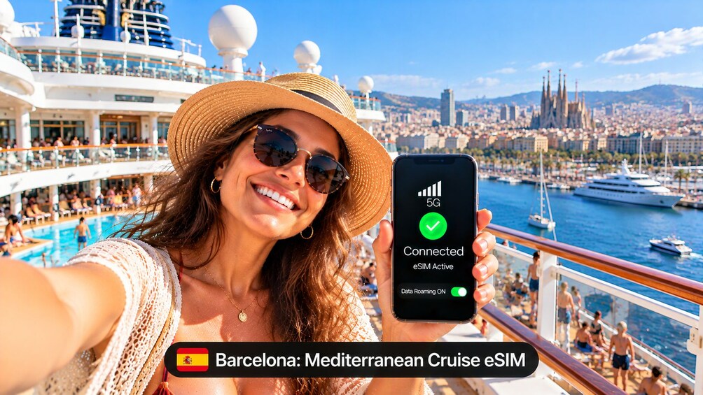 En person holder en smartphone, der viser 5G-forbindelse, ombord på et krydstogtskib med udsigt over Barcelonas skyline. 1