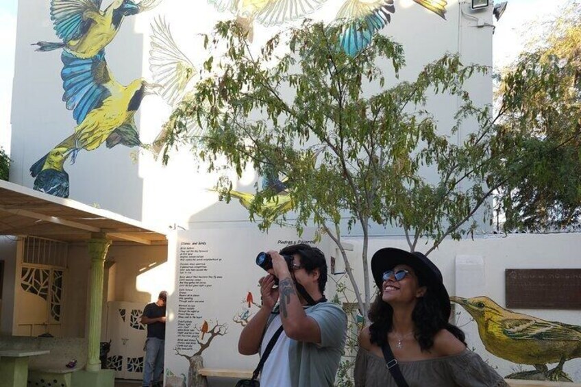 A mural of birds on a wall, a tree, and a person taking a photo. 4