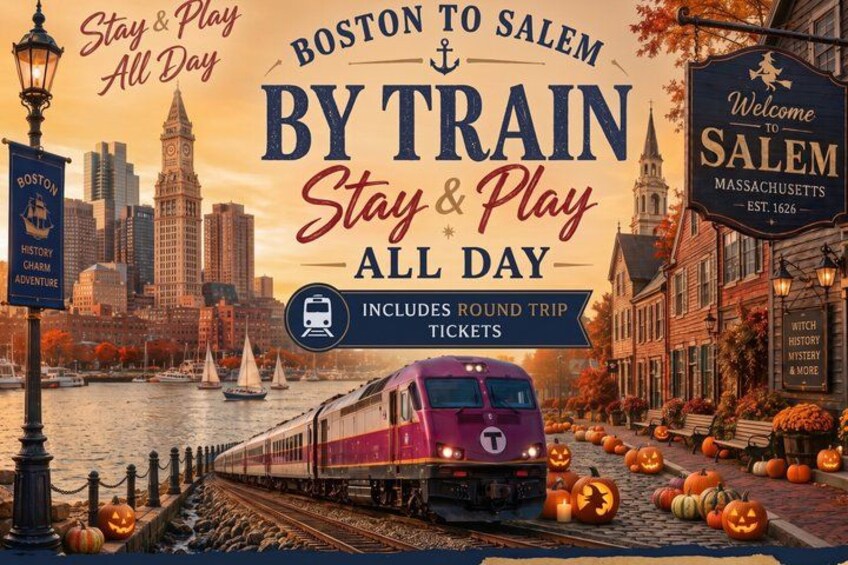 A train with 'Stay & Play All Day' text, a cityscape, and a sign welcoming to Salem. 1