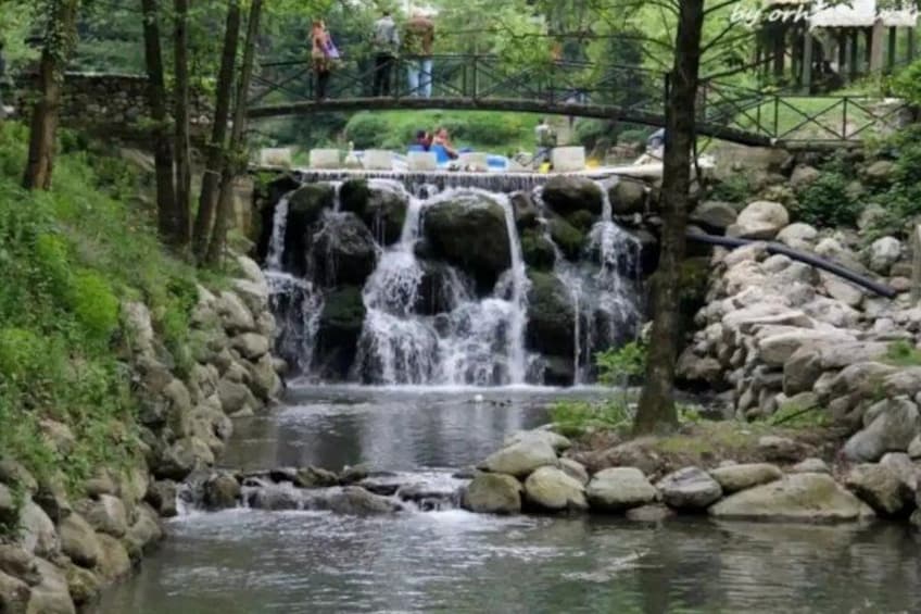 A waterfall, a stone bridge, and a forested area. 2
