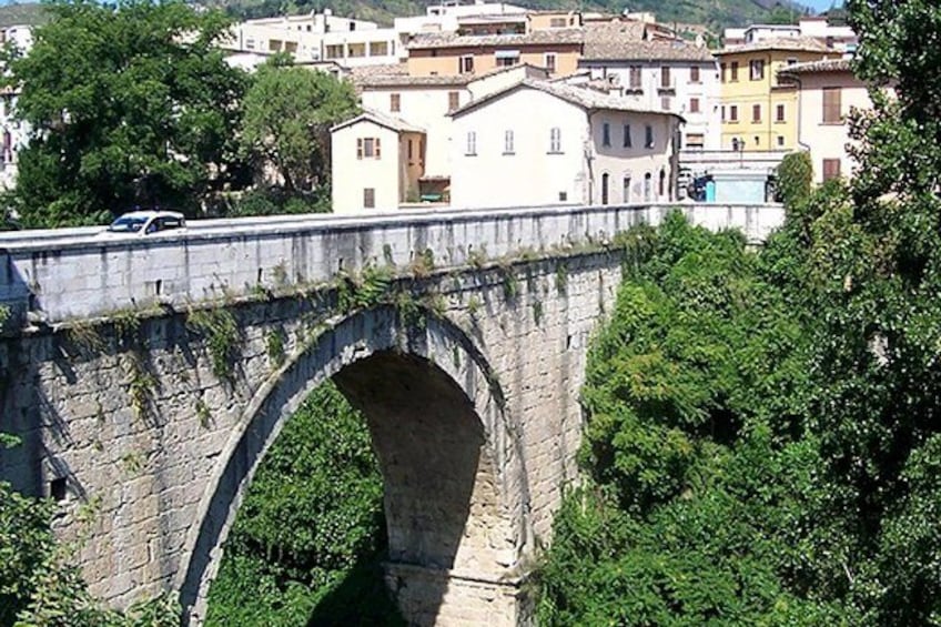 A stone bridge with an arch over a river, surrounded by greenery and buildings in the background. 5