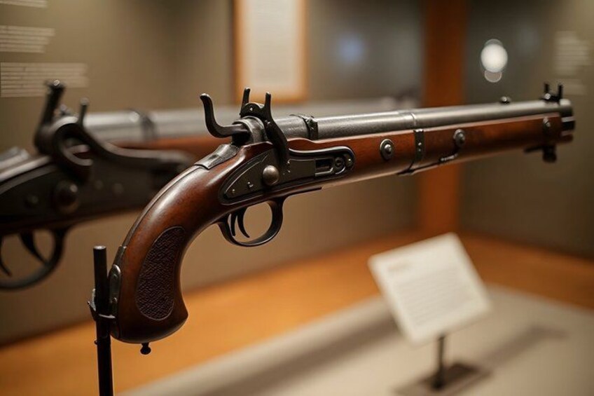 A historical firearm on display, with a wooden stock and metal barrel, mounted on a stand with a label in the background. 4