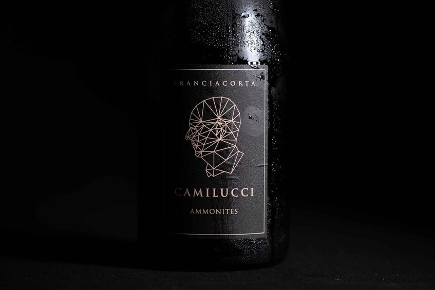 A bottle of Franciacorta wine with a geometric design on the label. 1