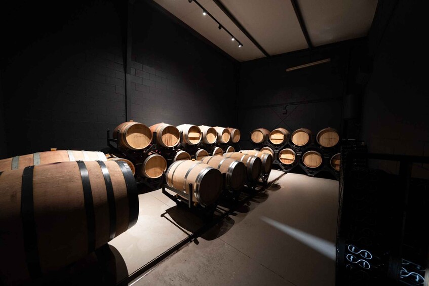 A wine cellar with rows of wooden barrels. 3