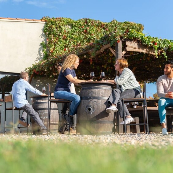 A group of people sitting at a table outdoors with barrels, under a pergola covered with greenery. 1