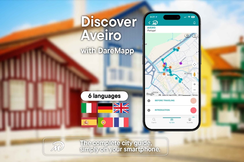 En smartphone viser et kort med byguiden for Aveiro, med en markør for placering og et navigationsinterface. 1