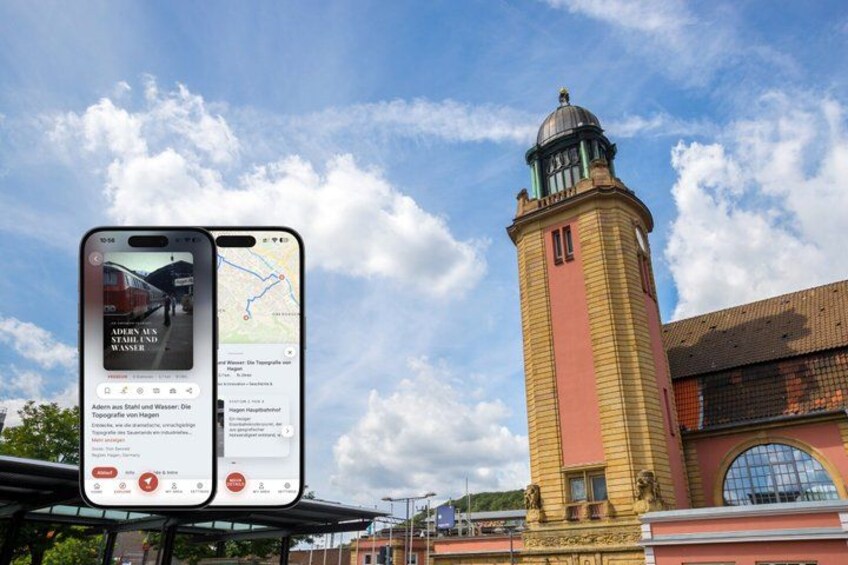A tall tower with a clock, a smartphone displaying a map, and a partly cloudy sky. 1
