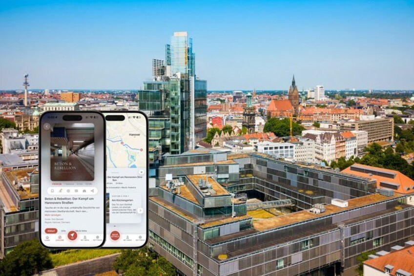 A cityscape with modern buildings, a smartphone displaying a map, and a clear sky. 1