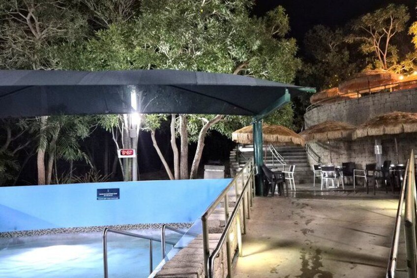 A swimming pool area at night with a covered walkway, stairs, and outdoor seating. 1