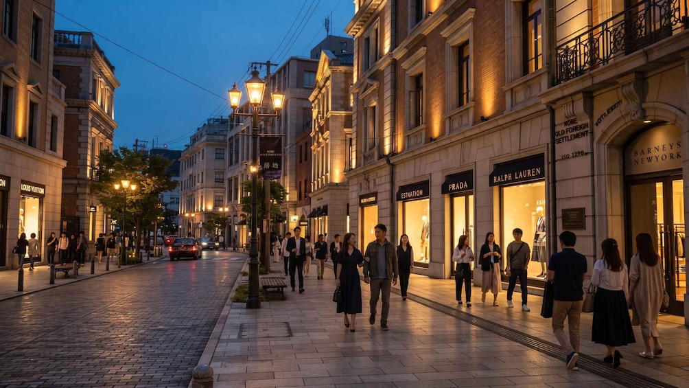 A bustling urban street at dusk with pedestrians, illuminated storefronts, and classic architecture. 3